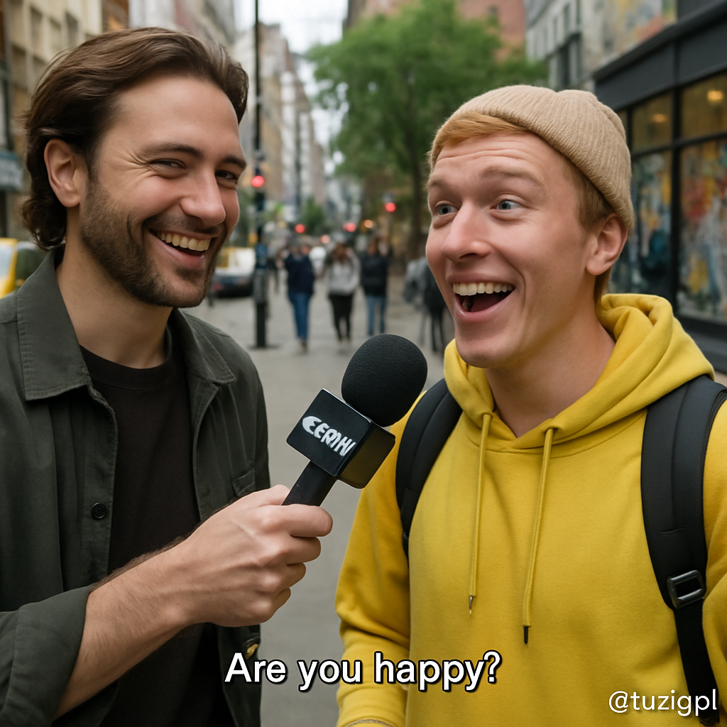 A candid 4K street interview scene set in a lively urban environment, captured with a slightly shaky handheld camera. A charismatic interviewer holds a microphone and stops a passerby on the sidewalk. The microphone has a small logo: 'CCTV'. The interviewer asks in English: 'Are you happy?' The person responds naturally—with surprise, curiosity, or excitement—and gives an improvised answer. The background shows the bustle of city life: people walking, light traffic, shop windows, and possibly some graffiti or murals. Natural daylight, with ambient city sounds. The entire interaction is in English, with English subtitles, and a watermark appears in the bottom-right corner."@tuziapi".